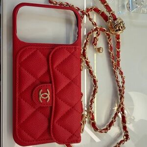 Red Quilted CC iPhone 17 Pro Max Case With Crossbody Gold Chain & Card Holder
